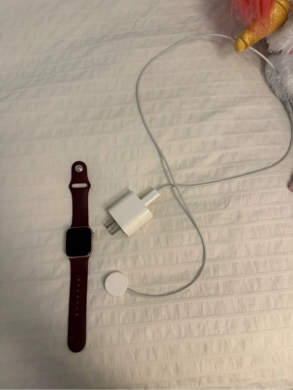 Apple Watch with Maroon Silicone Band and White Charger